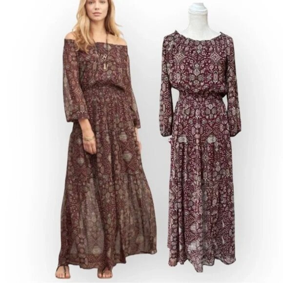 Abercrombie & Fitch Maroon Boho Paisley Western Off Shoulder Maxi Dress XS Y2K - Picture 1 of 13
